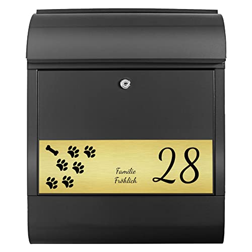 banjado® Briefkasten personalisiert mit graviertem Namensschild in Gold/Briefkasten schwarz 39x47x14cm / Briefkasten mit Hausnummer, Namen & Motiv Tatzen/Briefkasten mit Zeitungsfach von banjado