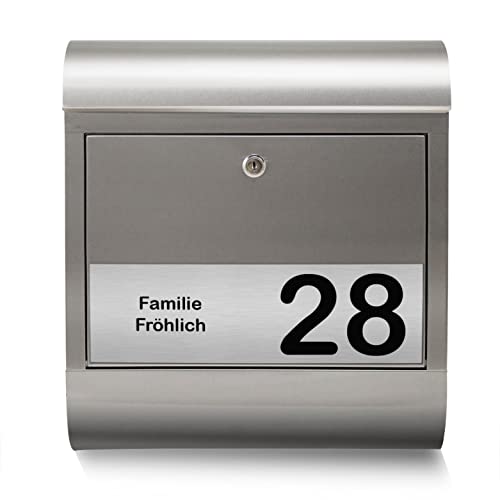 banjado® Briefkasten personalisiert mit graviertem Namensschild in Silber/Briefkasten Edelstahl 38x43x12cm / Briefkasten mit Hausnummer, Namen & Motiv Gravur 1 /Briefkasten mit Zeitungsfach von banjado
