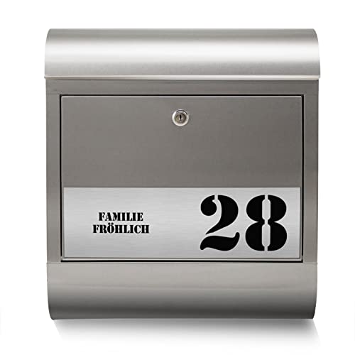 banjado® Briefkasten personalisiert mit graviertem Namensschild in Silber/Briefkasten Edelstahl 38x43x12cm / Briefkasten mit Hausnummer, Namen & Motiv Gravur 3 /Briefkasten mit Zeitungsfach von banjado