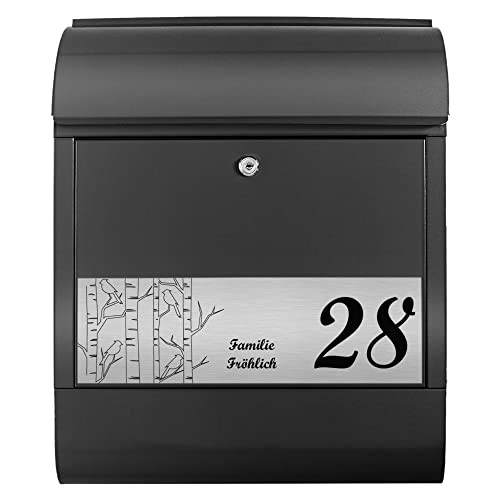 banjado® Briefkasten personalisiert mit graviertem Namensschild in Silber/Briefkasten schwarz 39x47x14cm / Briefkasten mit Hausnummer, Namen & Motiv Birken/Briefkasten mit Zeitungsfach von banjado