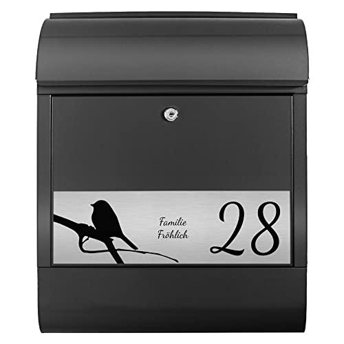 banjado® Briefkasten personalisiert mit graviertem Namensschild in Silber/Briefkasten schwarz 39x47x14cm / Briefkasten mit Hausnummer, Namen & Motiv Früher Vogel/Briefkasten mit Zeitungsfach von banjado