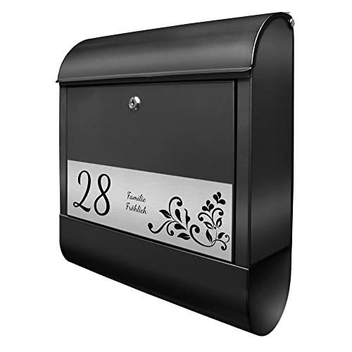 banjado® Briefkasten personalisiert mit graviertem Namensschild in Silber/Briefkasten schwarz 39x47x14cm / Briefkasten mit Hausnummer, Namen & Motiv WT Blaues Ornament/Briefkasten mit Zeitungsfach von banjado