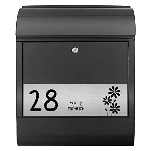banjado® Briefkasten personalisiert mit graviertem Namensschild in Silber/Briefkasten schwarz 39x47x14cm / Briefkasten mit Hausnummer, Namen & Motiv WT Gänseblümchen/Briefkasten mit Zeitungsfach von banjado