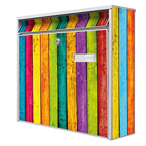 banjado® Burg-Wächter® Briefkasten mit Motiv Bunte Holzlatten/Briefkasten ohne Zeitungsfach 32x36x10 cm groß/Briefkasten mit Namensschild A4 Einwurf inkl. Montagematerial & 2 Schlüsseln von banjado