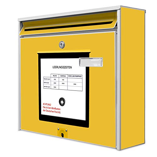 banjado® Burg-Wächter® Briefkasten mit Motiv Post Gelb/Briefkasten ohne Zeitungsfach 32x36x10 cm groß/Briefkasten mit Namensschild A4 Einwurf inkl. Montagematerial & 2 Schlüsseln von banjado