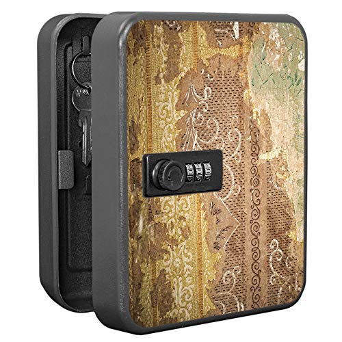 banjado Burg-Wächter Schlüsselkasten abschließbar für 20 Schlüssel/Schlüsselbox mit Zahlenschloss 16x20x8cm groß/Schlüsselaufbewahrung aus Stahlblech schwarz/Motiv Alte Tapeten von banjado