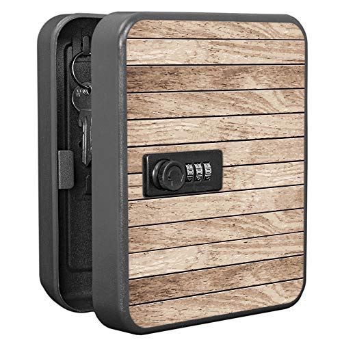banjado Burg-Wächter Schlüsselkasten abschließbar für 20 Schlüssel/Schlüsselbox mit Zahlenschloss 16x20x8cm groß/Schlüsselaufbewahrung aus Stahlblech schwarz/Motiv Blasse Holzlatten von banjado