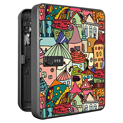 banjado Burg-Wächter abschließbarer Schlüsselkasten für 36 Schlüssel/Schlüsselkasten mit Zahlenschloss 24x30x8cm groß/Schlüsselschrank aus Stahlblech schwarz/Motiv Funky Town von banjado
