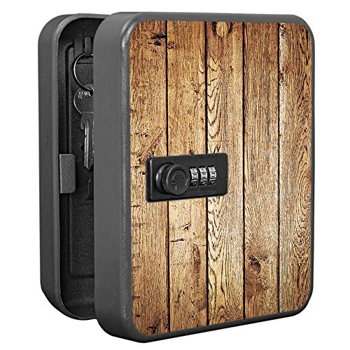 banjado Burg-Wächter Schlüsselkasten abschließbar für 20 Schlüssel/Schlüsselbox mit Zahlenschloss 16x20x8cm groß/Schlüsselaufbewahrung aus Stahlblech schwarz/Motiv Geöltes Holz von banjado