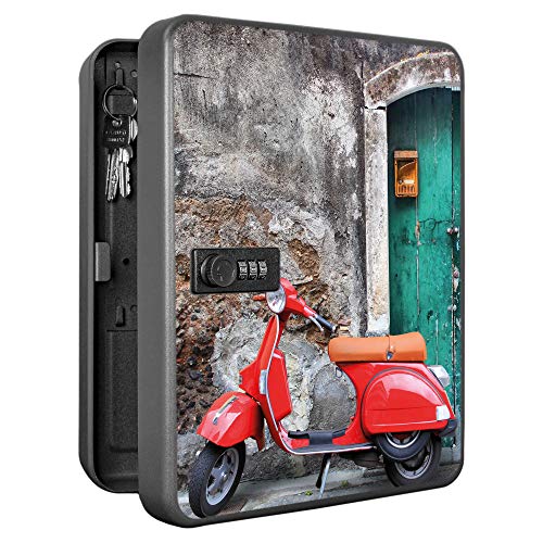 banjado® Burg-Wächter® abschließbarer Schlüsselkasten mit Motiv Rote Vespa für 36 Schlüssel - Schlüsselkasten mit Zahlenschloss 24x30x8 cm groß - Schlüsselschrank aus Stahlblech schwarz von banjado