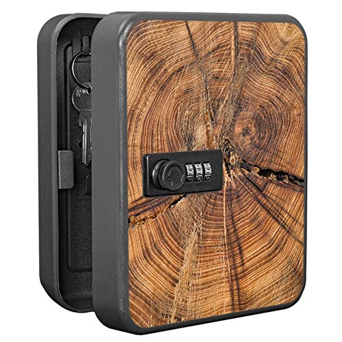 banjado Burg-Wächter Schlüsselkasten abschließbar für 20 Schlüssel/Schlüsselbox mit Zahlenschloss 16x20x8cm groß/Schlüsselaufbewahrung aus Stahlblech schwarz/Motiv Jahresringe von banjado