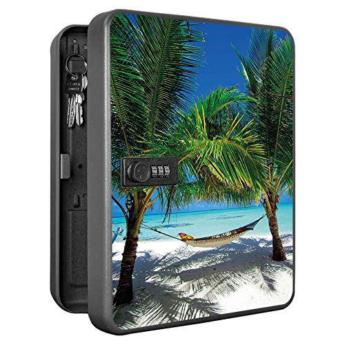 banjado Burg-Wächter abschließbarer Schlüsselkasten für 36 Schlüssel/Schlüsselkasten mit Zahlenschloss 24x30x8cm groß/Schlüsselschrank aus Stahlblech schwarz/Motiv Strand von banjado