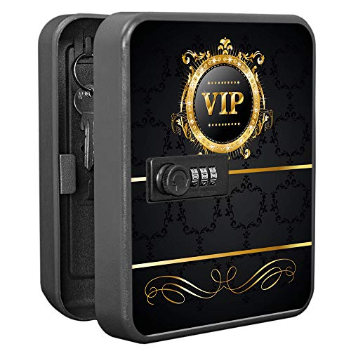 banjado Burg-Wächter Schlüsselkasten abschließbar für 20 Schlüssel/Schlüsselbox mit Zahlenschloss 16x20x8cm groß/Schlüsselaufbewahrung aus Stahlblech schwarz/Motiv VIP von banjado