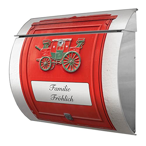 banjado® Burgwächter® Briefkasten Edelstahl mit Motiv Nostalgie Post/Edelstahl Briefkasten mit Namen personalisierbar/Briefkasten ohne Zeitungsfach mit Kippdach & Öffnungsstopp, 2 Schlüssel von banjado