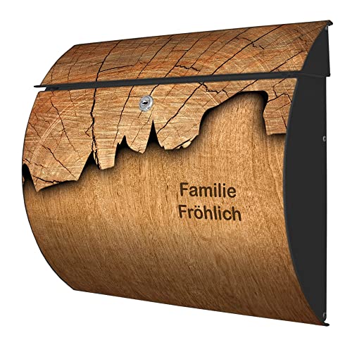 banjado® Burgwächter® Briefkasten anthrazit aus Stahl mit Motiv Holz/Briefkasten mit Namen personalisierbar/Briefkasten ohne Zeitungsfach mit Kippdach & Öffnungsstopp, 2 Schlüssel von banjado