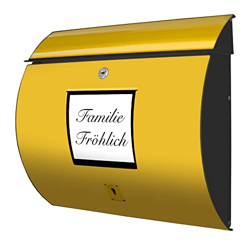 banjado® Burgwächter® Briefkasten anthrazit aus Stahl mit Motiv Post Gelb/Briefkasten mit Namen personalisierbar/Briefkasten ohne Zeitungsfach mit Kippdach & Öffnungsstopp, 2 Schlüssel von banjado