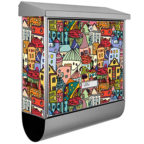 banjado® Burgwächter Briefkasten Edelstahl 38x39x12cm mit Motiv Funky Town/Briefkasten mit Zeitungsfach/Briefkasten mit Zeitungsrolle/Postkasten inkl. Montagematerial & 2 Schlüsseln von banjado