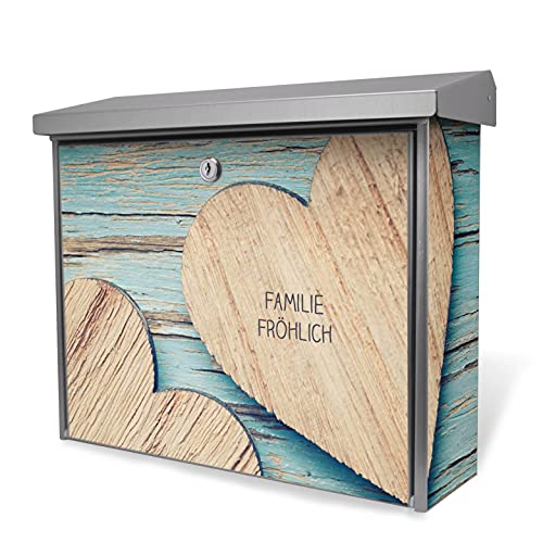 banjado® Burgwächter Briefkasten Edelstahl 38x39x12cm mit Motiv Holz Herzen/Briefkasten Edelstahl ohne Zeitungsfach/Briefkasten grau/Postkasten inkl. Montagematerial & 2 Schlüsseln von banjado