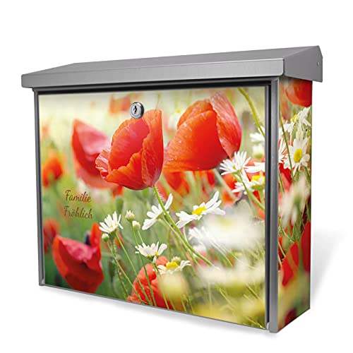 banjado® Burgwächter Briefkasten Edelstahl 38x39x12cm mit Motiv Kamille Und Mohn/Briefkasten Edelstahl ohne Zeitungsfach/Briefkasten grau/Postkasten inkl. Montagematerial & 2 Schlüsseln von banjado