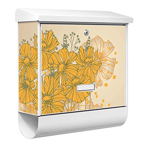 banjado® Burgwächter Briefkasten Weiß 38x39x12cm mit Motiv Blumen Gelb Grau/Briefkasten mit Zeitungsfach/Briefkasten mit Zeitungsrolle/Postkasten inkl. Montagematerial & 2 Schlüsseln von banjado