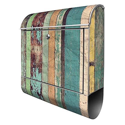 banjado® Design Briefkasten mit Bunte Bretterwand 38,5x46,5x13cm & 2 Schlüssel - Briefkasten Stahl Silber mit Zeitungsfach pulverbeschichtet - Postkasten A4 Einwurf inkl. Montagematerial von banjado