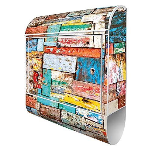 banjado® Design Briefkasten mit Bunte Holzschindeln 38,5x46,5x13cm & 2 Schlüssel - Briefkasten Stahl weiß mit Zeitungsfach pulverbeschichtet - Postkasten A4 Einwurf inkl. Montagematerial von banjado