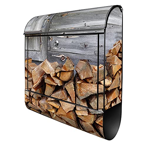 banjado® Design Briefkasten mit Feuerholz 38,5x46,5x13cm & 2 Schlüssel - Briefkasten Stahl schwarz mit Zeitungsfach pulverbeschichtet - Postkasten A4 Einwurf inkl. Montagematerial von banjado