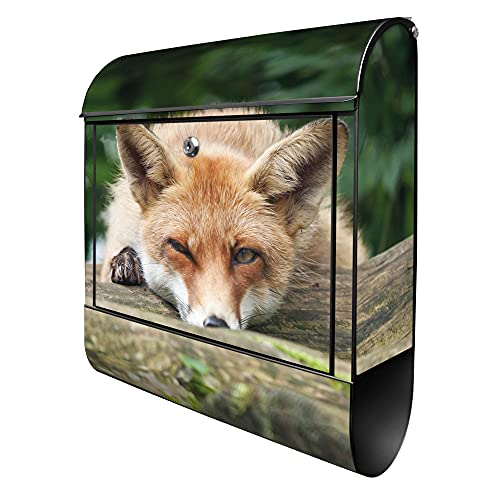 banjado® Design Briefkasten mit Fuchs Relax 38,5x46,5x13cm & 2 Schlüssel - Briefkasten Stahl schwarz mit Zeitungsfach pulverbeschichtet - Postkasten A4 Einwurf inkl. Montagematerial von banjado