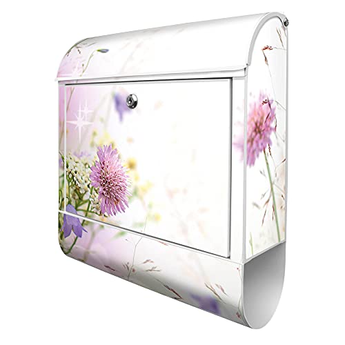 banjado® Design Briefkasten mit Glitzernde Wiese 38,5x46,5x13cm & 2 Schlüssel - Briefkasten Stahl weiß mit Zeitungsfach pulverbeschichtet - Postkasten A4 Einwurf inkl. Montagematerial von banjado