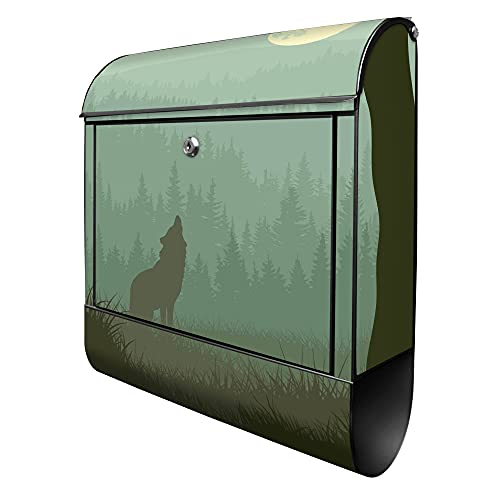 banjado® Design Briefkasten mit Heulender Wolf 38,5x46,5x13cm & 2 Schlüssel - Briefkasten Stahl schwarz mit Zeitungsfach pulverbeschichtet - Postkasten A4 Einwurf inkl. Montagematerial von banjado