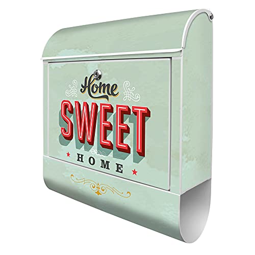 banjado® Design Briefkasten mit Home Sweet Home 38,5x46,5x13cm & 2 Schlüssel - Briefkasten Stahl weiß mit Zeitungsfach pulverbeschichtet - Postkasten A4 Einwurf inkl. Montagematerial von banjado