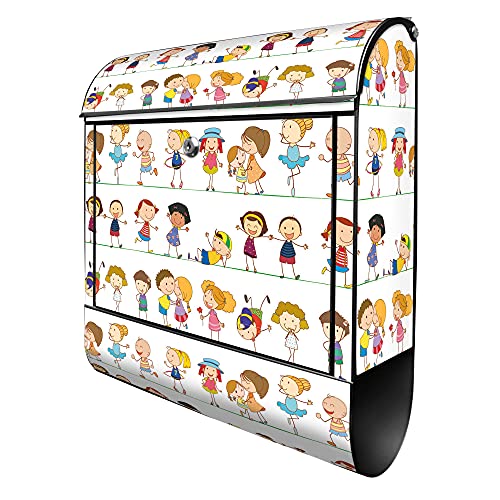 banjado® Design Briefkasten mit Kinder 38,5x46,5x13cm & 2 Schlüssel - Briefkasten Stahl schwarz mit Zeitungsfach pulverbeschichtet - Postkasten A4 Einwurf inkl. Montagematerial von banjado