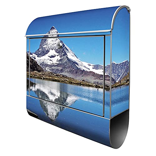 banjado® Design Briefkasten mit Matterhorn 38,5x46,5x13cm & 2 Schlüssel - Briefkasten Stahl Silber mit Zeitungsfach pulverbeschichtet - Postkasten A4 Einwurf inkl. Montagematerial von banjado