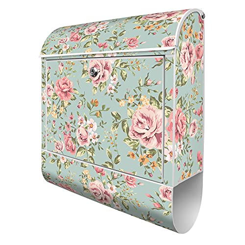 banjado® Design Briefkasten mit Motiv Altrosa Blume 39x47x14cm & 2 Schlüssel - Briefkasten Stahl weiß mit Zeitungsfach pulverbeschichtet - Postkasten A4 Einwurf inkl. Montagematerial von banjado