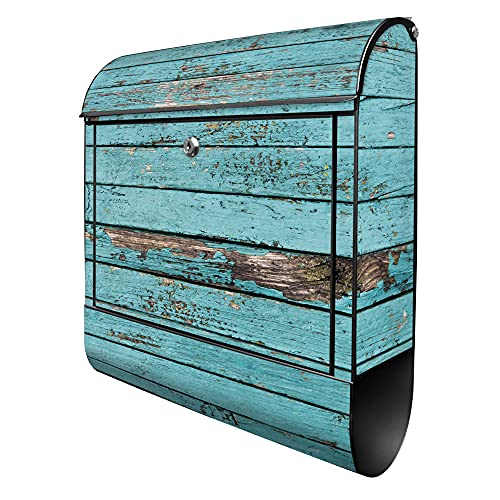 banjado® Design Briefkasten mit Blaue Holzlatten 38,5x46,5x13cm & 2 Schlüssel - Briefkasten Stahl schwarz mit Zeitungsfach pulverbeschichtet - Postkasten A4 Einwurf inkl. Montagematerial von banjado