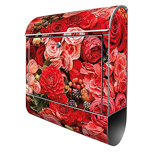 banjado® Design Briefkasten mit Motiv Bouquet in Rot 39x47x14cm & 2 Schlüssel - Briefkasten Stahl Silber mit Zeitungsfach pulverbeschichtet - Postkasten A4 Einwurf inkl. Montagematerial von banjado