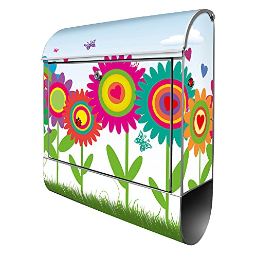 banjado® Design Briefkasten mit Motiv Bunte Blumen 39x47x14cm & 2 Schlüssel - Briefkasten Stahl Silber mit Zeitungsfach pulverbeschichtet - Postkasten A4 Einwurf inkl. Montagematerial von banjado