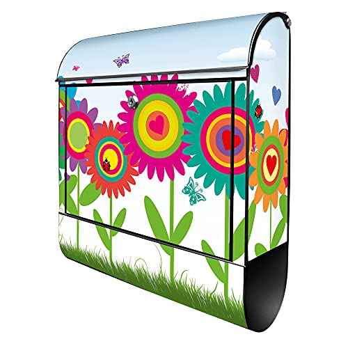 banjado® Design Briefkasten mit Motiv Bunte Blumen 39x47x14cm & 2 Schlüssel - Briefkasten Stahl schwarz mit Zeitungsfach pulverbeschichtet - Postkasten A4 Einwurf inkl. Montagematerial von banjado