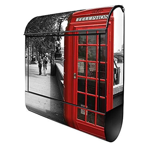 banjado® Design Briefkasten mit Motiv London Red Telephone 39x47x14cm & 2 Schlüssel - Briefkasten Stahl schwarz mit Zeitungsfach pulverbeschichtet - Postkasten A4 Einwurf inkl. Montagematerial von banjado