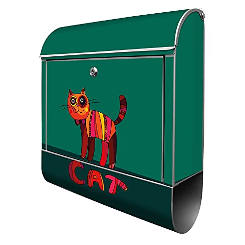 banjado® Design Briefkasten mit Motiv Orange Katze 39x47x14cm & 2 Schlüssel - Briefkasten Stahl Silber mit Zeitungsfach pulverbeschichtet - Postkasten A4 Einwurf inkl. Montagematerial von banjado