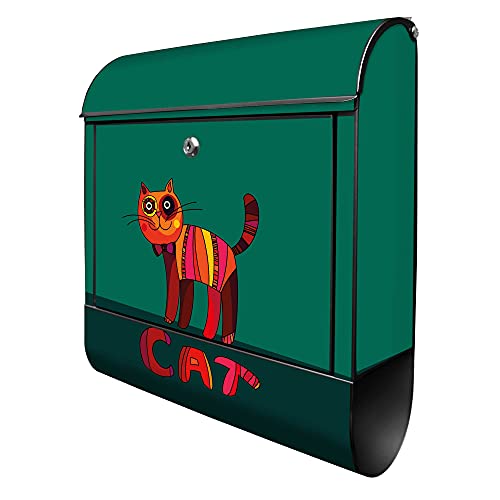 banjado® Design Briefkasten mit Orange Katze 38,5x46,5x13cm & 2 Schlüssel - Briefkasten Stahl schwarz mit Zeitungsfach pulverbeschichtet - Postkasten A4 Einwurf inkl. Montagematerial von banjado