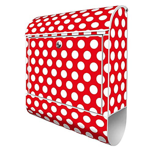 banjado® Design Briefkasten mit Motiv Punkte Rot 39x47x14cm & 2 Schlüssel - Briefkasten Stahl weiß mit Zeitungsfach pulverbeschichtet - Postkasten A4 Einwurf inkl. Montagematerial von banjado