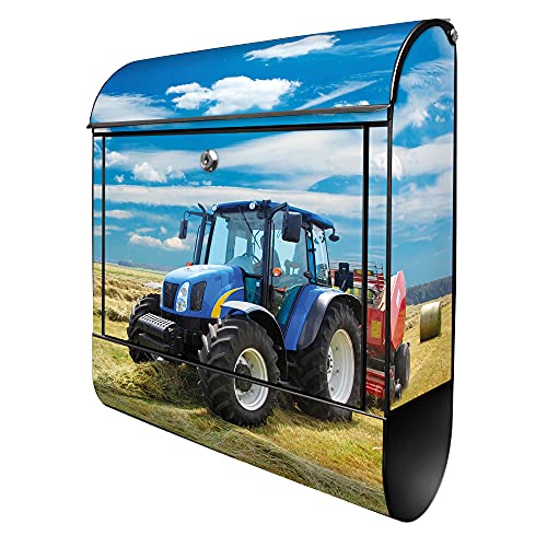 banjado® Design Briefkasten mit Traktor 38,5x46,5x13cm & 2 Schlüssel - Briefkasten Stahl schwarz mit Zeitungsfach pulverbeschichtet - Postkasten A4 Einwurf inkl. Montagematerial von banjado