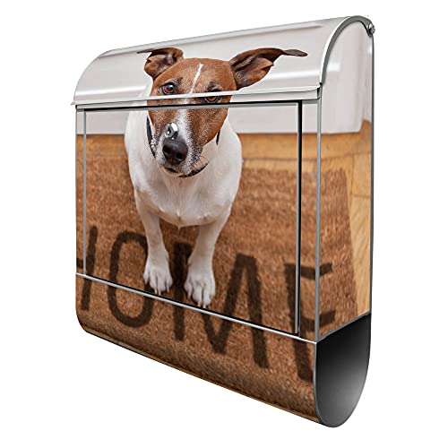 banjado® Design Briefkasten mit Motiv Wachhund Jack Russel 39x47x14cm & 2 Schlüssel - Briefkasten Stahl Silber mit Zeitungsfach pulverbeschichtet - Postkasten A4 Einwurf inkl. Montagematerial von banjado