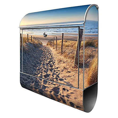 banjado® Design Briefkasten mit Nordseestrand 38,5x46,5x13cm & 2 Schlüssel - Briefkasten Stahl Silber mit Zeitungsfach pulverbeschichtet - Postkasten A4 Einwurf inkl. Montagematerial von banjado