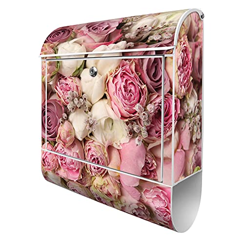banjado® Design Briefkasten mit Strauss Rosen 38,5x46,5x13cm & 2 Schlüssel - Briefkasten Stahl weiß mit Zeitungsfach pulverbeschichtet - Postkasten A4 Einwurf inkl. Montagematerial von banjado