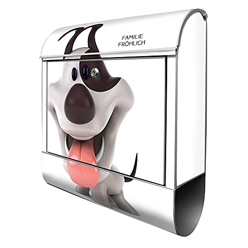 banjado® Design Briefkasten personalisiert Comic-Hund 38,5x46,5x13cm & 2 Schlüssel - Briefkasten Stahl Silber Zeitungsfach pulverbeschichtet - Postkasten A4 Einwurf inkl. Montagematerial von banjado