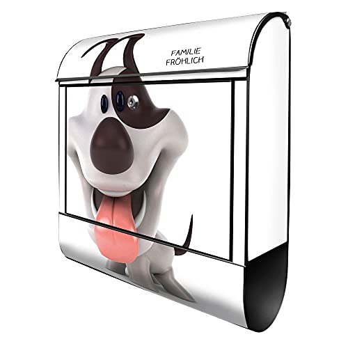 banjado® Design Briefkasten personalisiert Comic-Hund 38,5x46,5x13cm & 2 Schlüssel - Briefkasten Stahl schwarz Zeitungsfach pulverbeschichtet - Postkasten A4 Einwurf inkl. Montagematerial von banjado