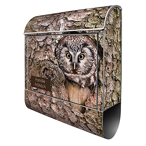 banjado® Design Briefkasten personalisiert Eule 38,5x46,5x13cm & 2 Schlüssel - Briefkasten Stahl Silber Zeitungsfach pulverbeschichtet - Postkasten A4 Einwurf inkl. Montagematerial von banjado