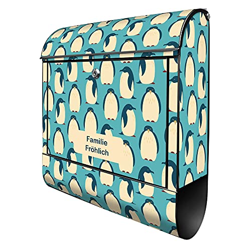 banjado® Design Briefkasten personalisiert Königspinguine 38,5x46,5x13cm & 2 Schlüssel - Briefkasten Stahl schwarz Zeitungsfach pulverbeschichtet - Postkasten A4 Einwurf inkl. Montagematerial von banjado